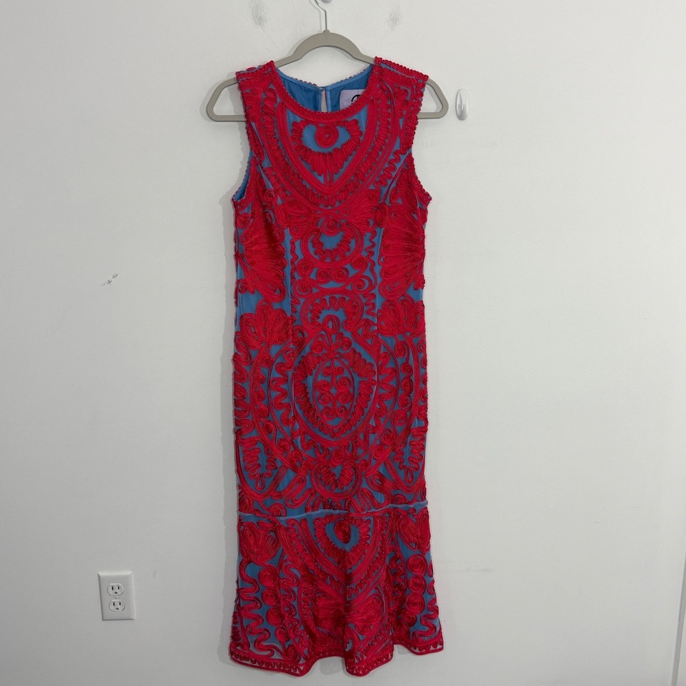 JS Collections Womens Dress 8 Blue Red Soutache Embroidered Midi Sheath Formal